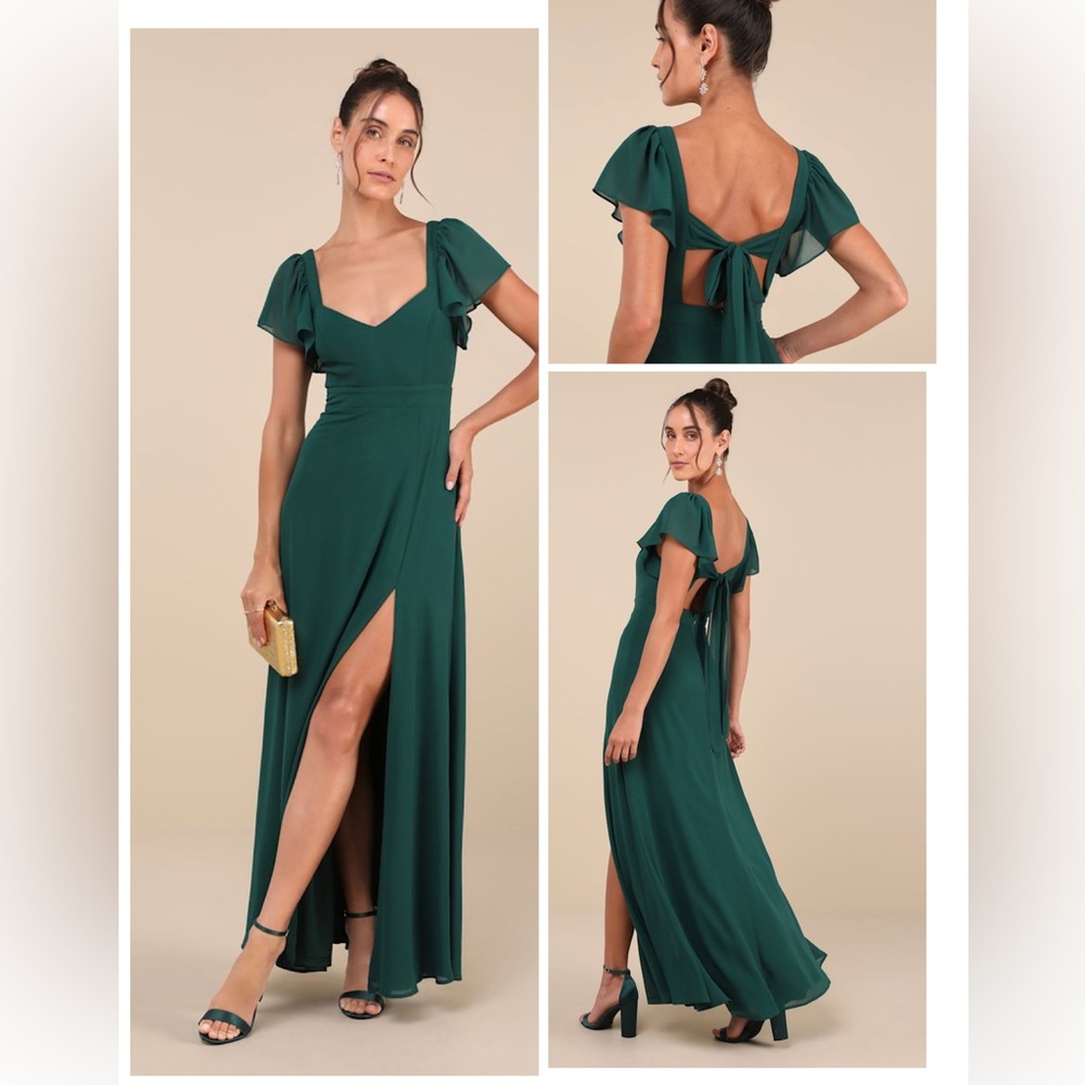 Lulus Simply Delightful Dark Green Tie-Back Flutter Sleeve Maxi Dress Size Small